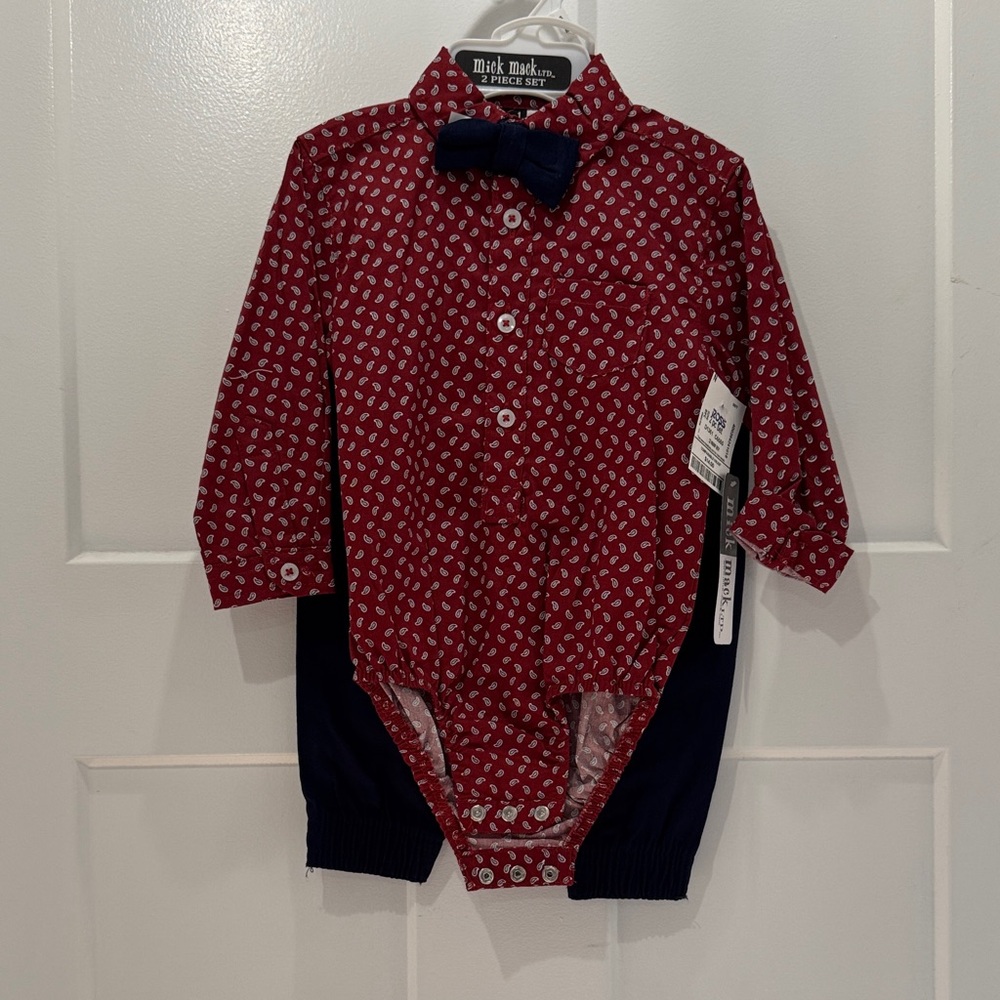 NWT Mick Macklin Red Paisley Baby Boy Button-Up Bodysuit with Navy Bow 6/9 month